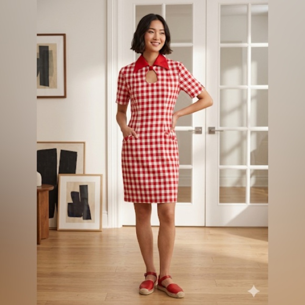Vintage Kenar Red & White Gingham Dress with Pointed Collar